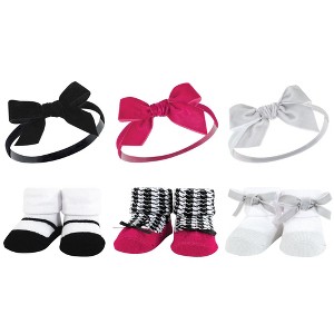 Hudson Baby Infant Girl Headband and Socks Giftset, Black Pink, One Size - 1 of 4