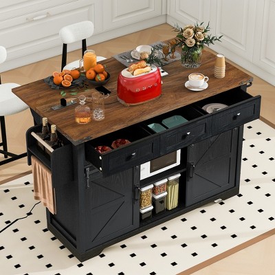 Rolling Kitchen Island, with Spice Rack, Towel Rack, Open Side Racks, Power Outlet and Storage Drawers, Multiple Design Styles and Color Combinations