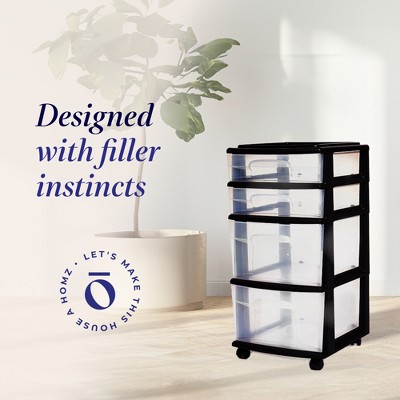 Medium Black and Clear Plastic 4-Drawer Storage Cart with Wheels