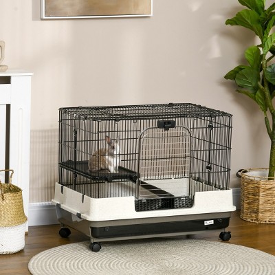 2 Level Small Animal Cage with Wheels and Removable Tray,26'' Indoor Rabbit Hutch for Bunny–LAOTIES