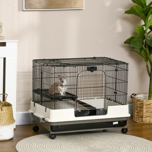 2 Level Small Animal Cage with Wheels and Removable Tray,26'' Indoor Rabbit Hutch for Bunny–LAOTIES - 1 of 4