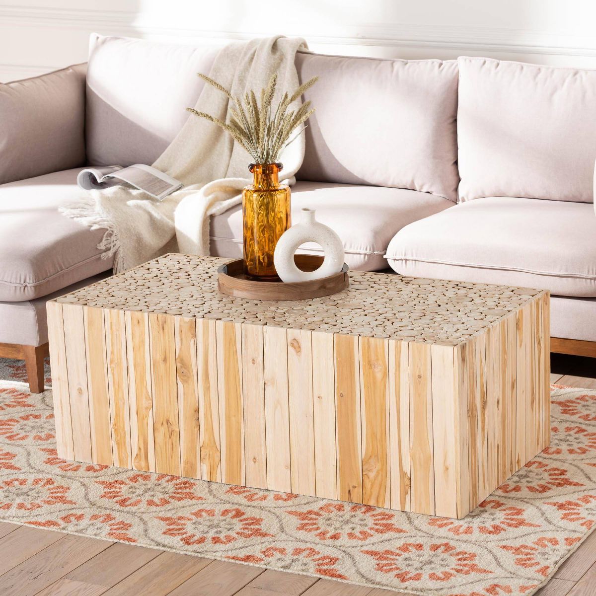 bali & pari Grayson Teak Wood Coffee Table with Unique Repurposed Wood Logs Natural - thumbnail 3