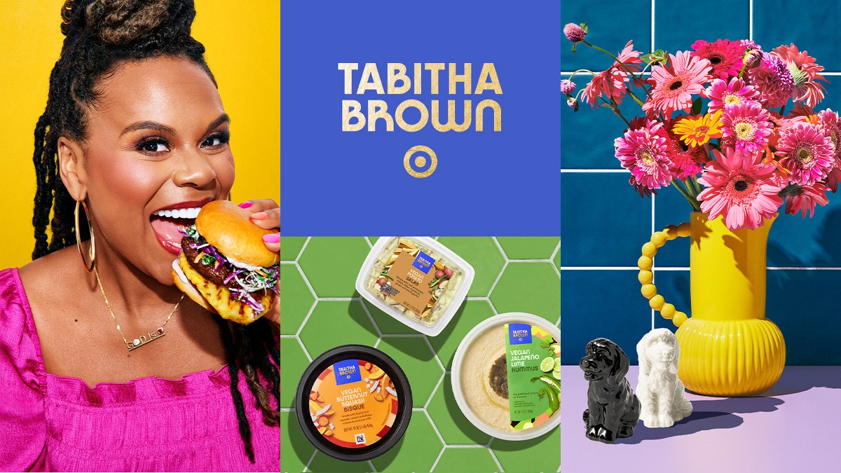 Tabitha Brown eating a vegan burger, plus – yellow pitcher, dog salt & pepper shakers, spatulas, potato salad, hummus & bisque.