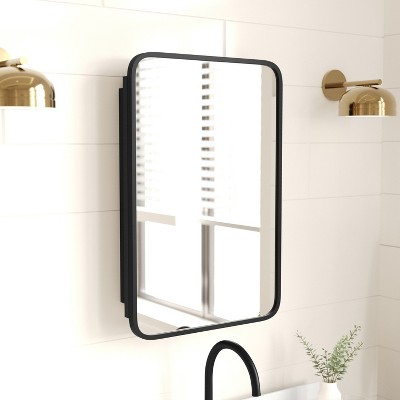 Merrick Lane Reversible Bathroom Wall Medicine Cabinet with Rounded Rectangular Beveled Mirror and Metal Frame and Shelves