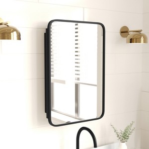 Merrick Lane Reversible Bathroom Wall Medicine Cabinet with Rounded Rectangular Beveled Mirror and Metal Frame and Shelves - 1 of 4