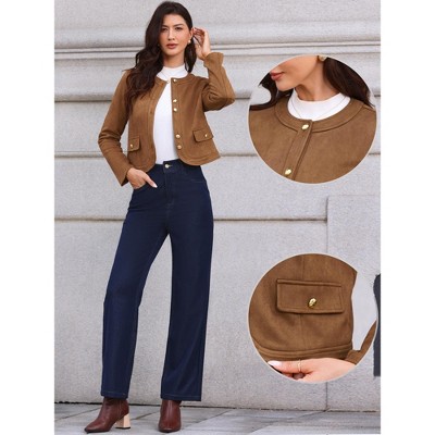 INSPIRE CHIC Women's Crew Neck Long Sleeves Button Down Vintage Jackets Brown Medium — фото 2