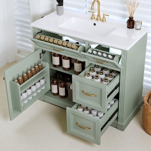 Mshliw 36" Bathroom Vanity with Ceramic Sink, 4 Drawers & Adjustable Shelf, Soft-Close Door, MDF & Wood Freestanding Cabinet - 1 of 4