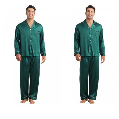 INSPIRE CHIC Men's 2 Pack Button Down Long Sleeve Casual Satin Pajamas Sets
