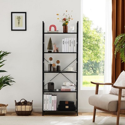 Black Metal and Wood 5-Tier Tall Corner Bookshelf