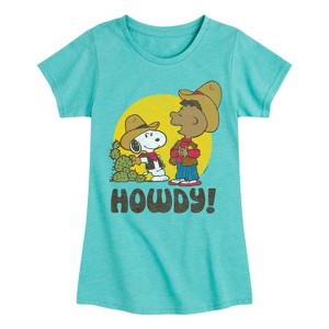Girls' - Peanuts - Franklin And Snoopy Howdy Fitted Short Sleeve Graphic T-Shirt - 1 of 4