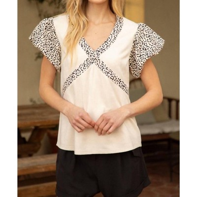 Women's Leopard Suede Bubble Sleeve Top - voy