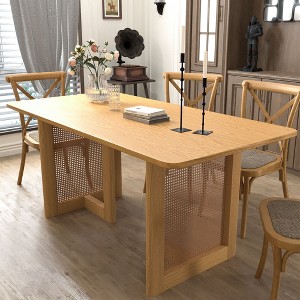 PexFix 67" x 33.5" Farmhouse Kitchen Dining Room Table Furniture Square Oak Kitchen Table with Rattan Woven Legs for Kitchen Bar Living Room - 1 of 4