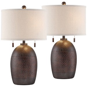Franklin Iron Works Byron 27 1/2" Tall Farmhouse Rustic Country Cottage Table Lamps Set of 2 Pull Chain Brown Living Room Bedroom Oatmeal Shade - 1 of 4