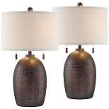 Franklin Iron Works Byron 27 1/2" Tall Farmhouse Rustic Country Cottage Table Lamps Set of 2 Pull Chain Brown Living Room Bedroom Oatmeal Shade