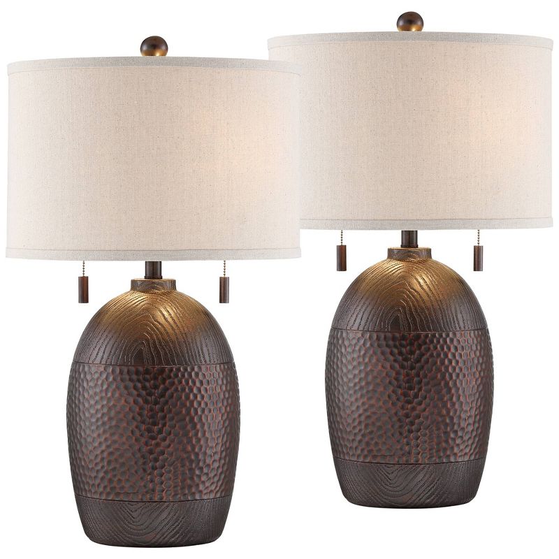 Franklin Iron Works Byron 27 1/2" Tall Farmhouse Rustic Country Cottage Table Lamps Set of 2 Pull Chain Brown Living Room Bedroom Oatmeal Shade, 1 of 8