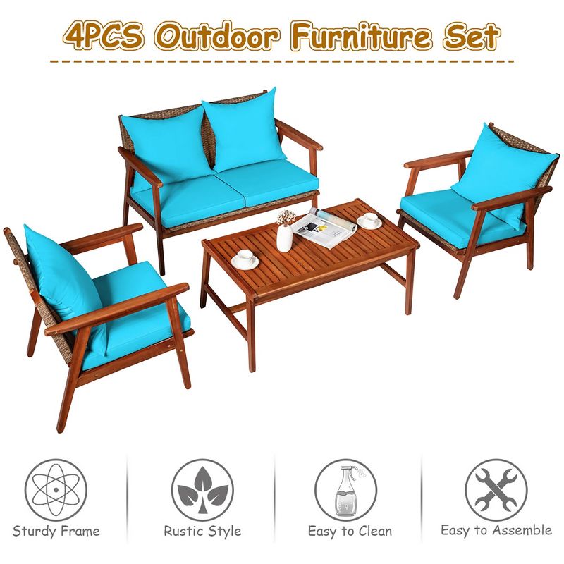 Costway 4PCS Patio Rattan Furniture Set Acacia Wood Frame Cushioned Sofa Chair Turquoise, 5 of 11