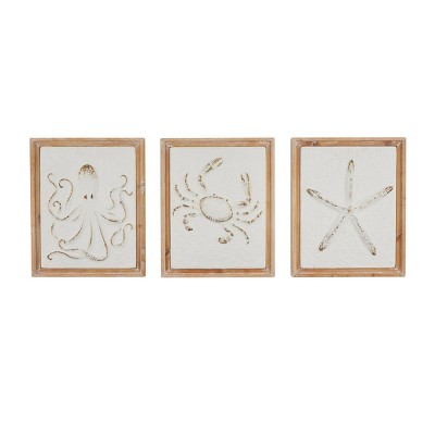 Set Of 3 Metal Sea Life Wall Decors With Wooden Frame And Gold Accents ...