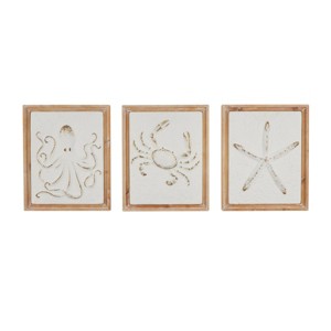 Set of 3 Metal Sea Life Wall Decors with Wooden Frame and Gold Accents - Olivia & May: Coastal Style Vertical Art - 1 of 4