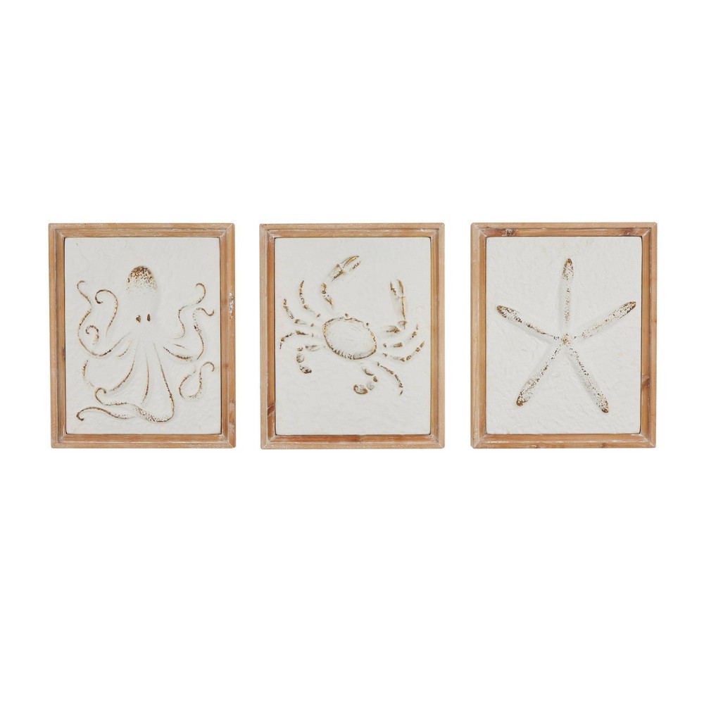 Photos - Wallpaper Set of 3 Metal Sea Life Wall Decors with Wooden Frame and Gold Accents Whi