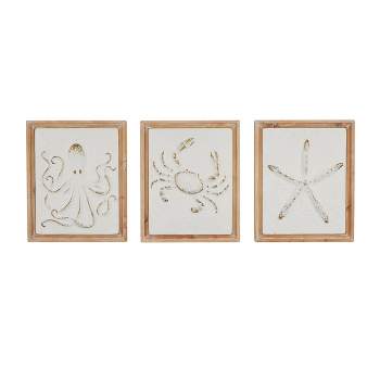Set of 3 Metal Sea Life Wall Decors with Wooden Frame and Gold Accents White - Olivia & May