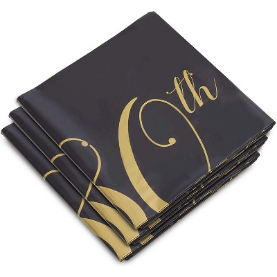 Sparkle and Bash 3-Pack 80th Birthday Plastic Party Tablecloths, Disposable Table Covers, Happy 80 Black Gold 54x108"