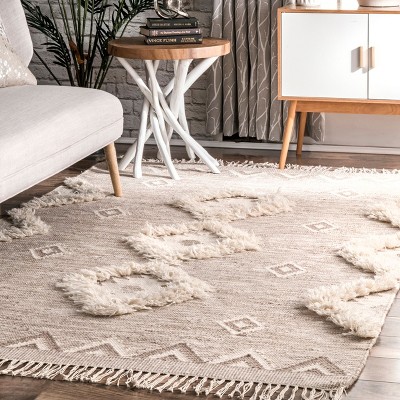 Beige Handmade Wool Shag Area Rug with Braided Tassels