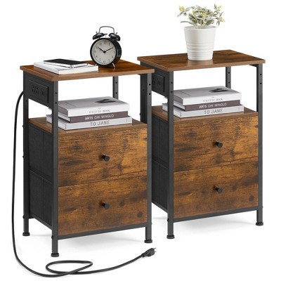 Rustic Brown and Black 2-Drawer Nightstand Set with Charging Station