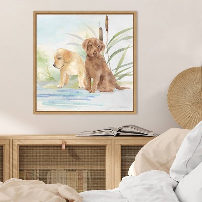 Woodland Dogs II Watercolor Canvas Art with Maple Frame