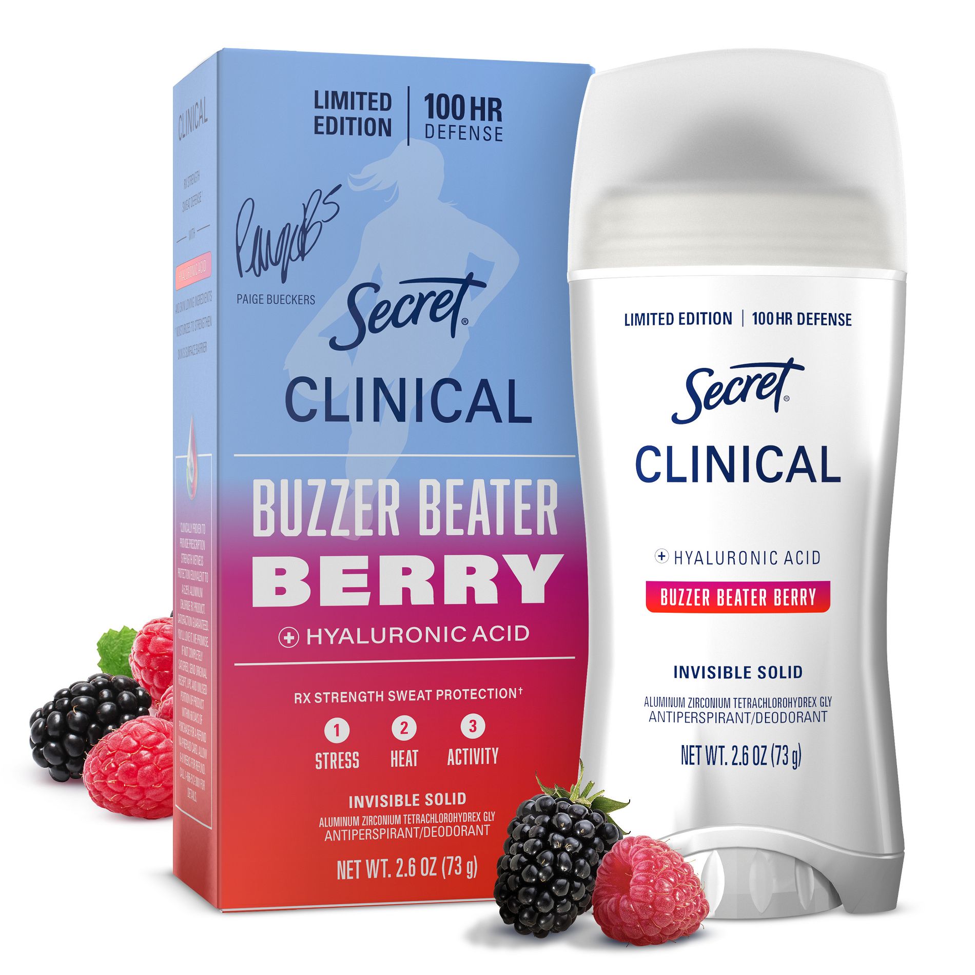 Secret Women's Clinical Strength 100HR Hyaluronic Acid Invisible Solid Antiperspirant Deodorant - Buzzer Beater Berry - 2.6oz