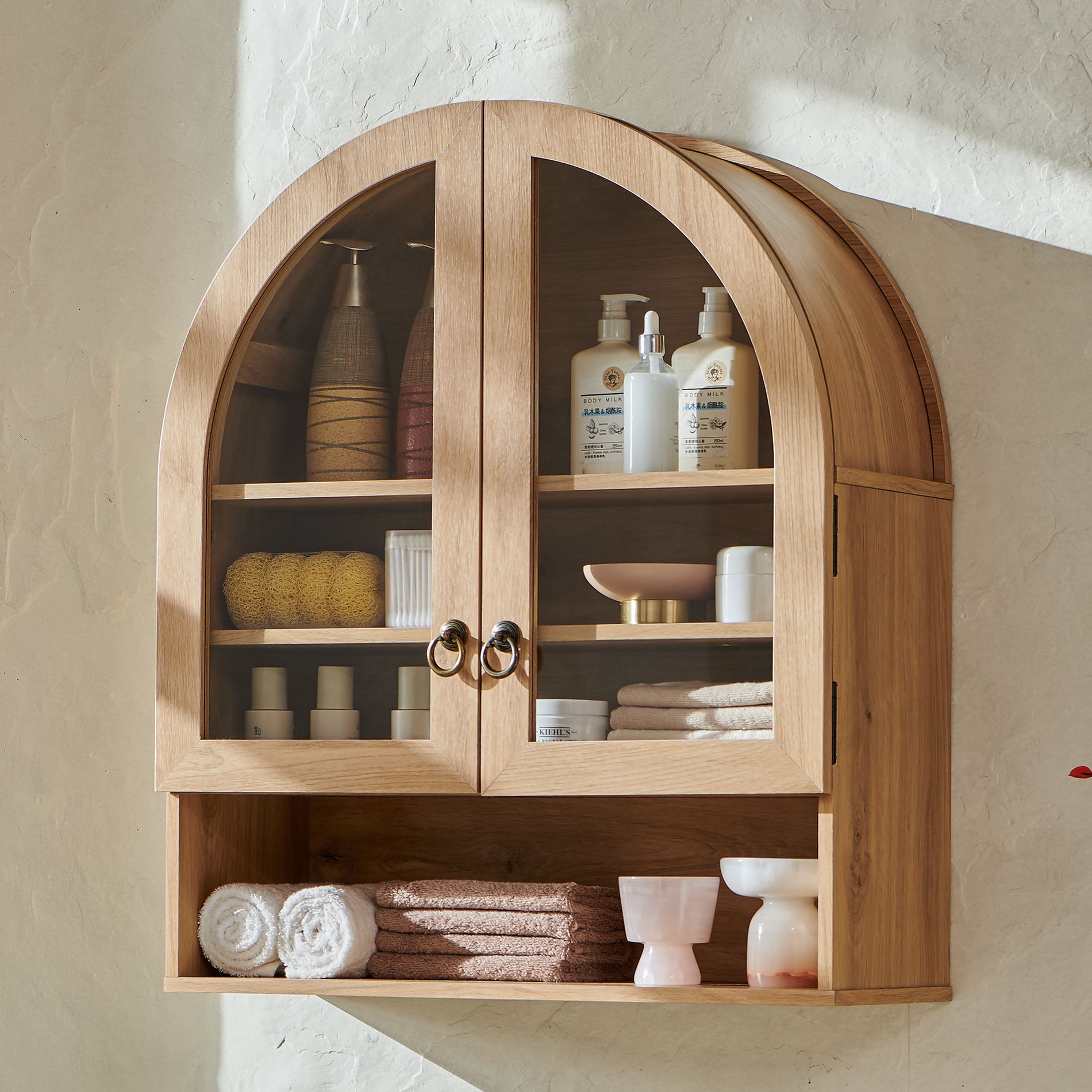 Arched Bathroom Wall Cabinet, 28" Modern Medicine Cabinet with Adjustable Shelves, Over-Toilet Storage, Natural