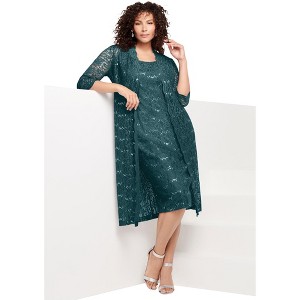 Roaman's Plus Size 3/4 Sleeve Formal Duster Sequin – Embellished Lace Dress Set - 1 of 4