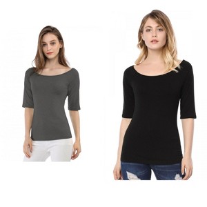 Allegra K Women's Half Sleeves Scoop Neck Fitted Layering Soft T-Shirt 2 Packs - 1 of 4