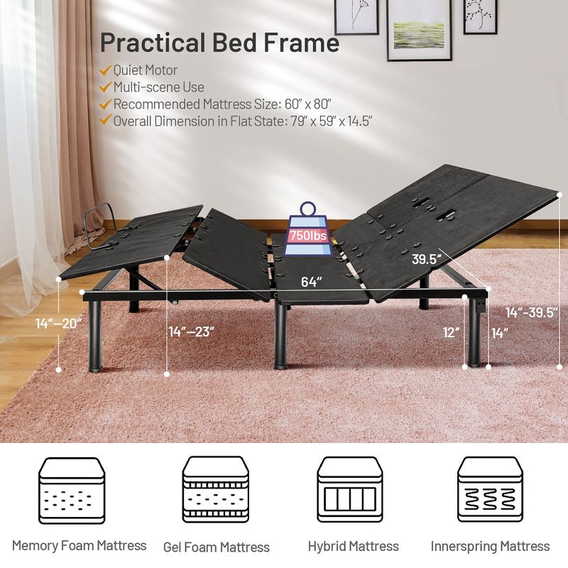 Twin x L\Queen Electric Adjustable Bed Base Remote Control Dual USB Easy Assemble, 4 of 11