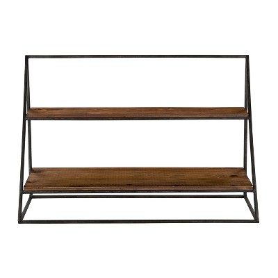 Rustic Black Metal and Wood Two-Tier Wall Shelf