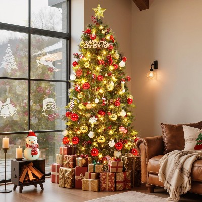 6FT Pre-Lit Pre-Decorated Artificial Christmas Tree with Remote, 800 Tips, 250 Lights, 52 Pine Cones, 52 Red Berries