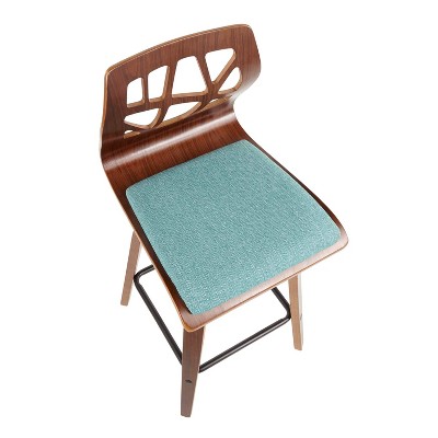 Folia Teal Upholstered Swivel Counter Height Barstools with Walnut Frame, Set of 2