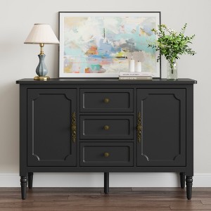 Heynemo Storage Cabinet with 2 Doors & 3 Drawers, Mid-Century Sideboard Cabinet with Adjustable Shelves, Wood Buffet Cabinet with Turned Legs, Black - 1 of 4