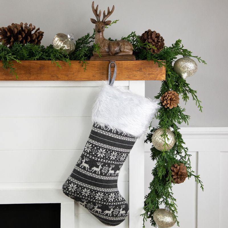 Northlight 19" Gray and White Reindeer and Snowflake Knit Christmas Stocking with Faux Fur Cuff, 2 of 7