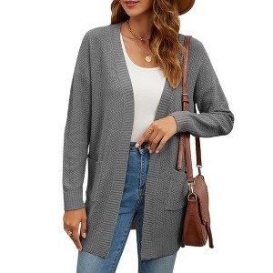 Coolmee Women's Long Sleeve Cardigan Open Front Solid Casual Lightweight Long Cardigans Loose Knit Outerwear with Pockets XL Gray - 1 of 4