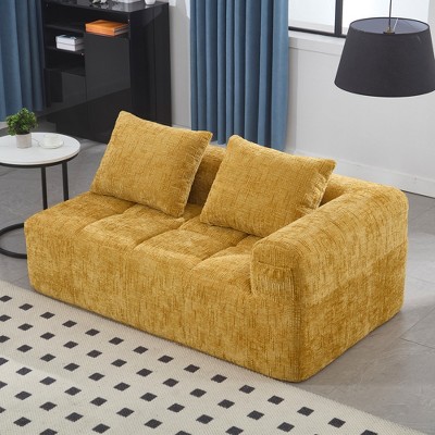 Grungis Chenille Loveseat Sofa with Left Arm & Removable Pillows, Modern Minimalist 2-Seater Sofa for Living Room & Bedroom
