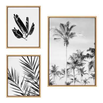 Kate and Laurel Sylvie Trio Linocut, Love Tree Linocut and Over the Cloud  Linocut Framed Canvas Wall Art Set by Giuliana Lazzerini, 3 Piece Set  Natural, Black and White Natural Art for