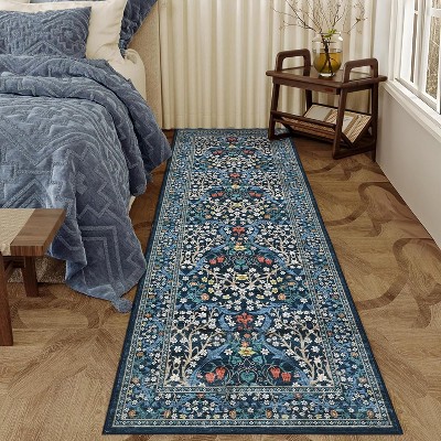 Farmhouse Floral Runner Rug 2x6 Blue Machine Washable Entryway Hallway Rug,Thin Low Pile, Non Shedding Soft Carpet with Non Slip Backing for Kitchen