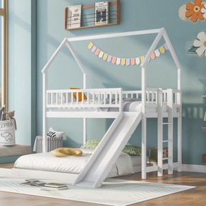 Streamdale Twin over Full House Bunk Bed with Slide and Built-in Ladder, Full-Length Guardrail, White - 1 of 4