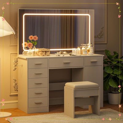 Vanity Desk with Large Mirror and Lights, Makeup Vanity with Charging Station