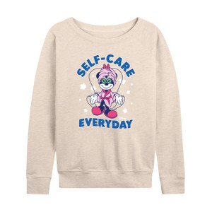 Women's - Disney - Minnie Mouse Self-Care Everyday Lightweight French Terry Wide Neck Long Sleeve Shirt - 1 of 4