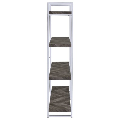 Grimma 47'' Rustic Gray Herringbone and Chrome Bookshelf
