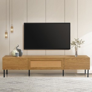 TIRAMISUBEST Mid Century TV Stand 80 Inch Rattan Doors 2 Drawers Open Shelf Woodgrain MDF Solid Wood Legs Soft Close Living Room - 1 of 4