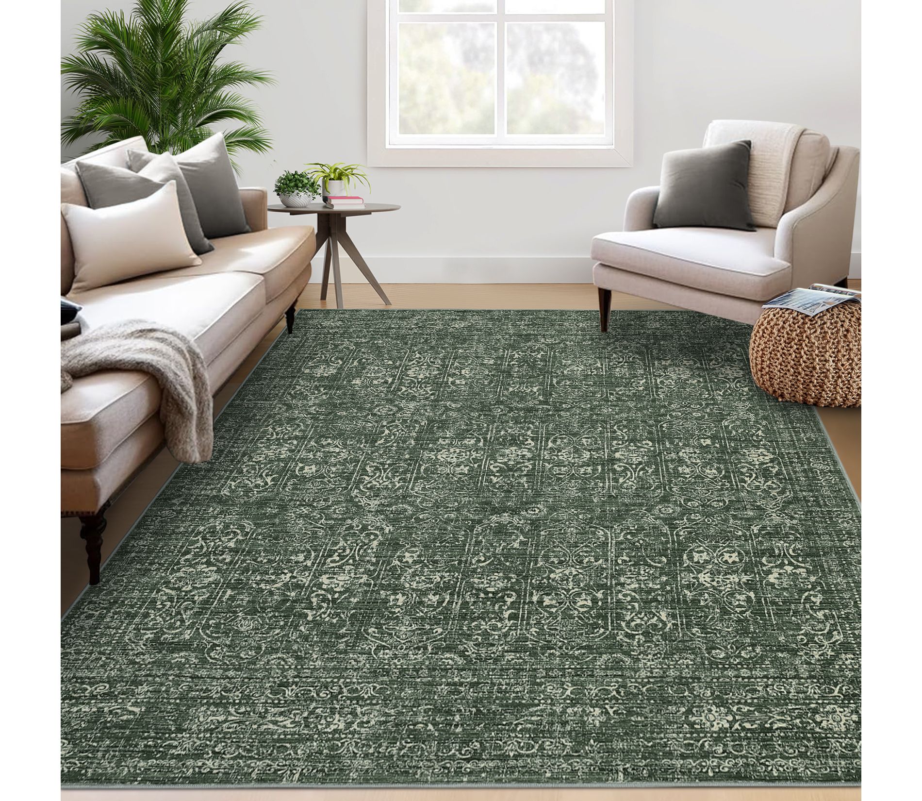 Vintage Area Rug Washable Rug Floral Bedroom Rugs Non Slip Low Pile Throw Rugs, 8'x10'