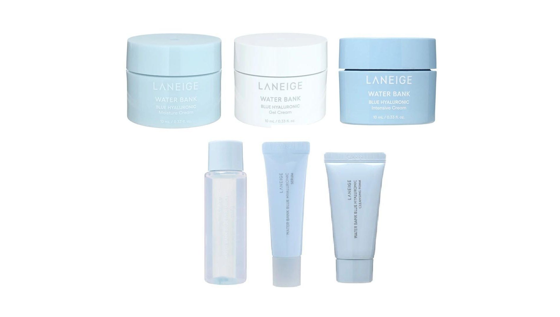 Laneige 6-pc Mini VARIETY PACK Water Bank Blue Hyaluronic (0.33 oz) Cleansing Foam, Oil, Moisture Cream, Intensive Cream, Gel Cream, & Serum