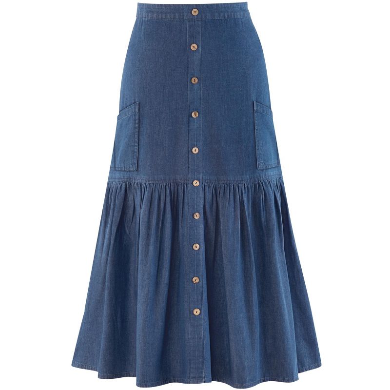 Collections Etc Stylish Full Flounce Hem Denim Skirt with Patch Pockets, 3 of 5